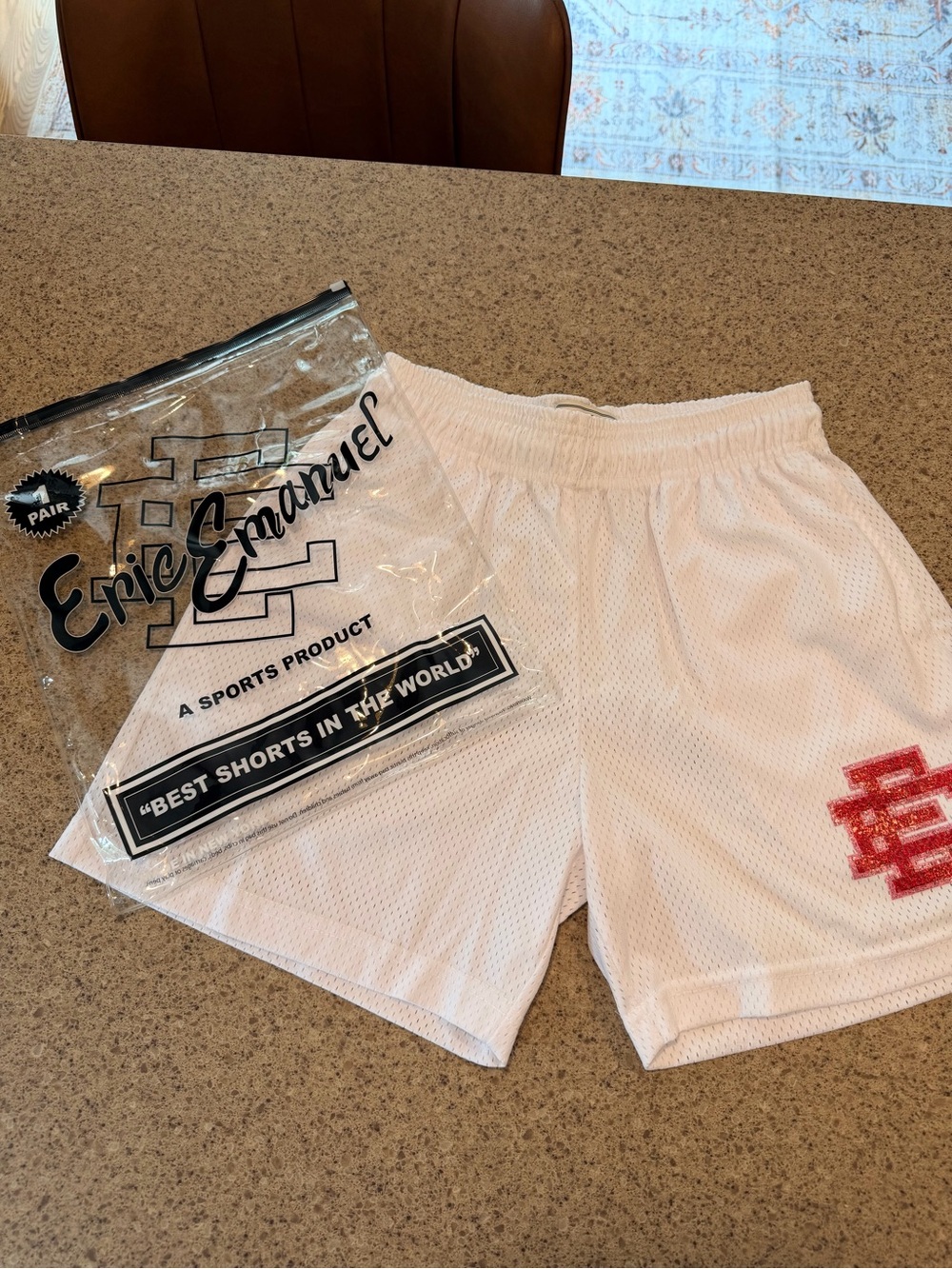 NWT-Eric Emanuel White Mesh Athletic Shorts with Red Logo - Valentines.